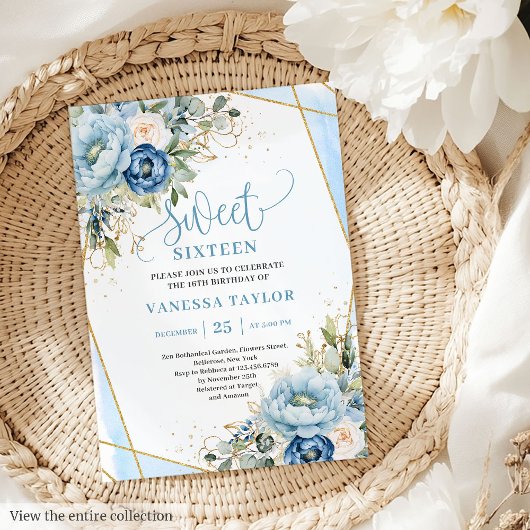 Dazzling Dusty Blue White Floral Sweet 16 Invites 招待状