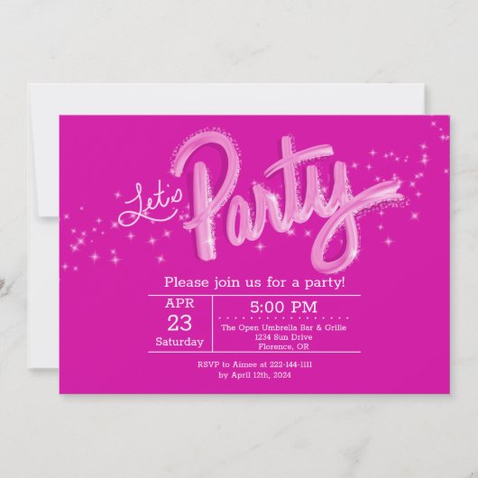 dazzling Hot Pink Let's Party 招待状 (正面)