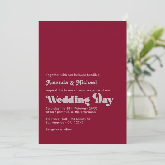 Dazzling Silver and Burgundy Typography Wedding 招待状 (スタンド正面)