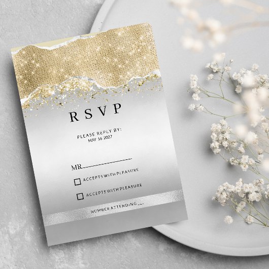Dazzling silver and gold sparkle glitter RSVP  招待状