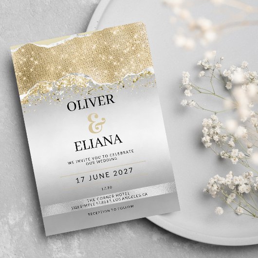 Dazzling silver and gold sparkle glitter Wedding 招待状