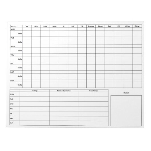 DBT標準ダイアリーカード前面 – 背面 – 空白の ノートパッド (正面)