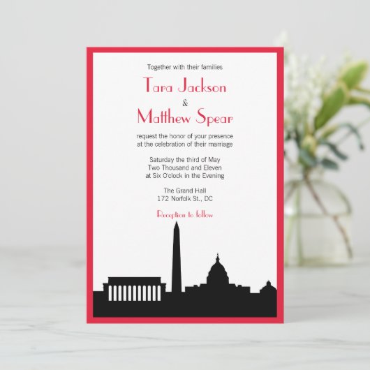 DCのスカイラインの結婚式招待状-赤いボーダー 招待状 (スタンド正面)