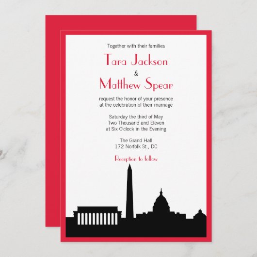 DCのスカイラインの結婚式招待状-赤いボーダー 招待状 (正面/裏面)