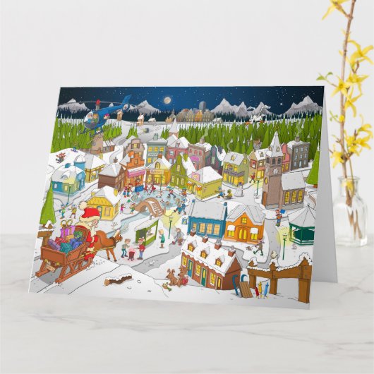 De kerstman arriveert in het dorp カード (黄色い花)