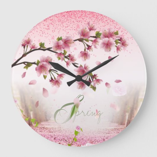 de primavera con rosas y flores ラージ壁時計 (正面)