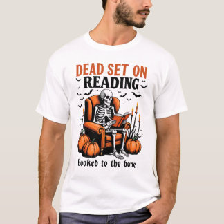 Dead Set On Reading – Skeleton Halloween Book Love Tシャツ