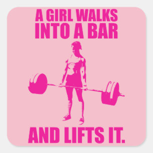 Deadlift -女の子はバーに歩き、それを持ち上げます スクエアシール