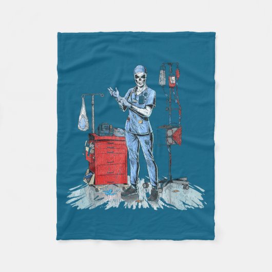 Deadside Nurse Blue Scrubs Funny Skeleton Doctor M フリースブランケット (正面)
