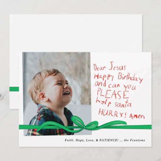 "Dear Jesus" 赤いクレヨンのメモの写真 クリスマスカード (正面/裏面)