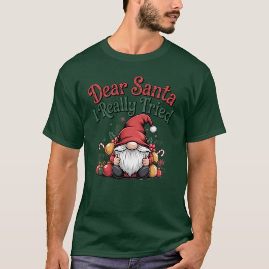 Dear Santa I Really Tried Funny Christmas Gnome Tシャツ (正面)