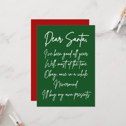 Dear Santa I'll buy my own stuff Funny Christmas カード (正面/裏面インサイチュ)