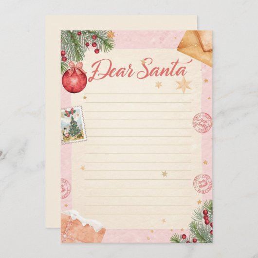  Dear Santa Letter Template | Pastel Pink & Gold 招待状 (正面/裏面)