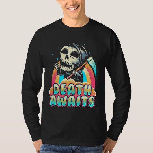 Death Awaits Grim Reaper Scythe Rainbow Tシャツ (正面)