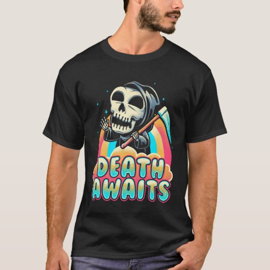 Death Awaits Grim Reaper Scythe Rainbow Tシャツ (正面)