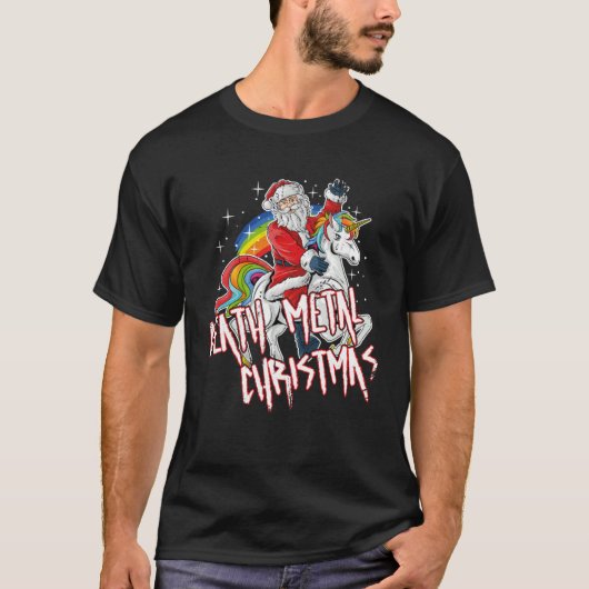 Death Metal Christmas Santa Riding a Unicorn Tシャツ (正面)