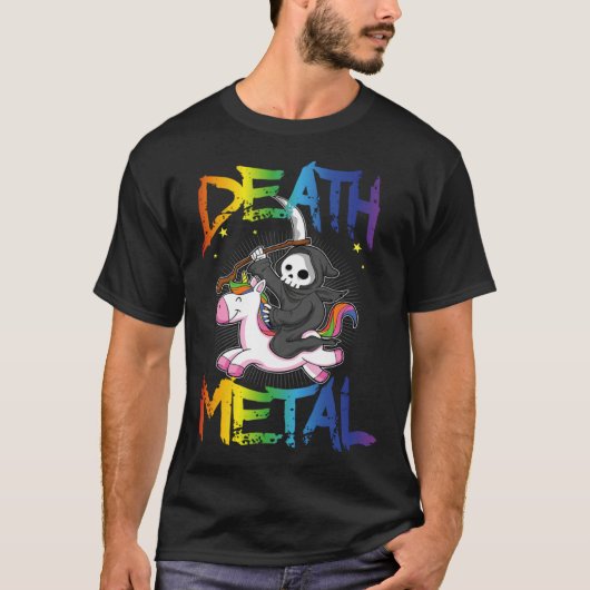 Death Metal Grim Reaper Rides Unicorn Halloween Re Tシャツ (正面)