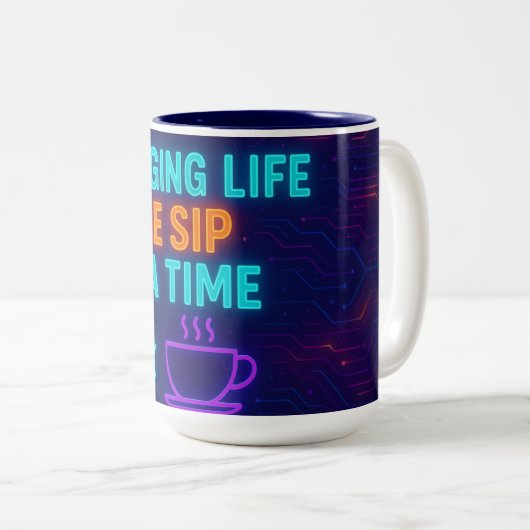 🖥️☕ Debugging Life One Sip at a Time – Neon Tech  ツートーンマグカップ (正面右)