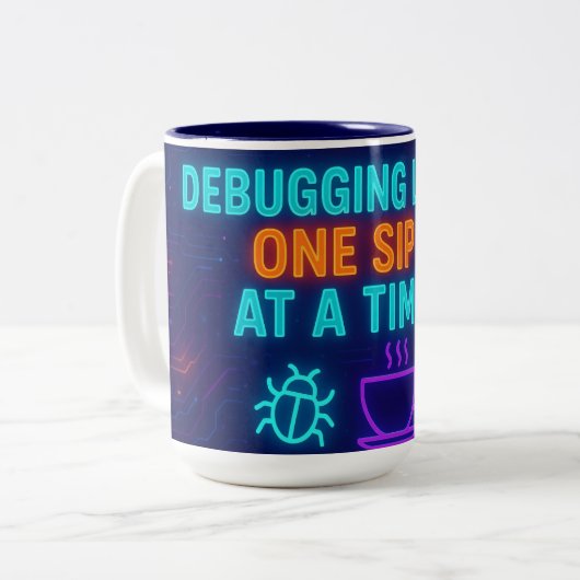 🖥️☕ Debugging Life One Sip at a Time – Neon Tech  ツートーンマグカップ (正面左)