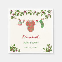 December Baby Shower Red and Green Holly Napkin