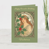 December Birthday Art Nouveau Holly Berries カード (正面)