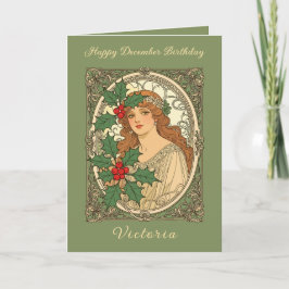 December Birthday Art Nouveau Holly Berries カード