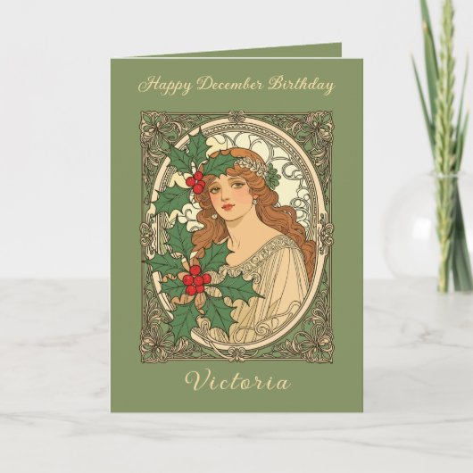 December Birthday Art Nouveau Holly Berries カード (正面)