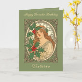 December Birthday Art Nouveau Holly Berries カード (黄色い花)