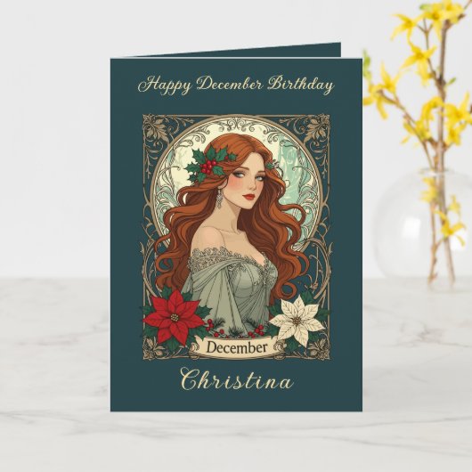 December Birthday Holly Berries And Poinsettia カード (黄色い花)