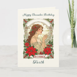 December Birthday Holly Berries And Red Poinsettia カード