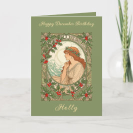 December Birthday Holly Berries Art Nouveau カード