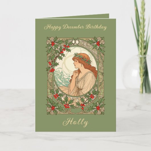 December Birthday Holly Berries Art Nouveau カード (正面)