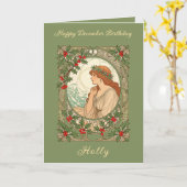 December Birthday Holly Berries Art Nouveau カード (黄色い花)