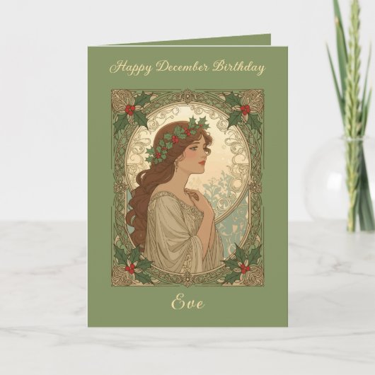 December Birthday Holly Berries Art Nouveau Style カード (正面)