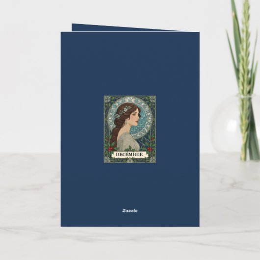 December Birthday Holly Berries Winter Blue カード (裏面)