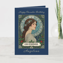 December Birthday Holly Berries Winter Blue カード