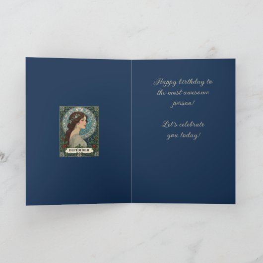 December Birthday Holly Berries Winter Blue カード (内部)