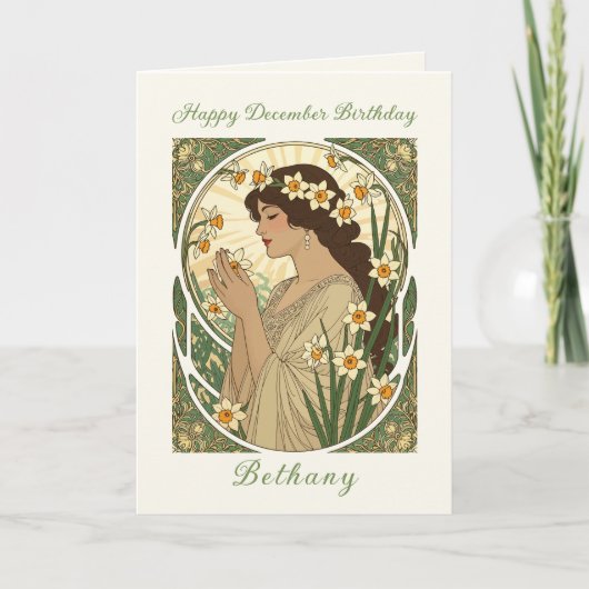 December Birthday Narcissus Art Nouveau Design カード (正面)