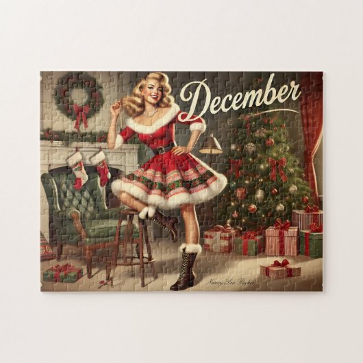 December Retro Christmas Blonde Pin-Up Girl ジグソーパズル (横)