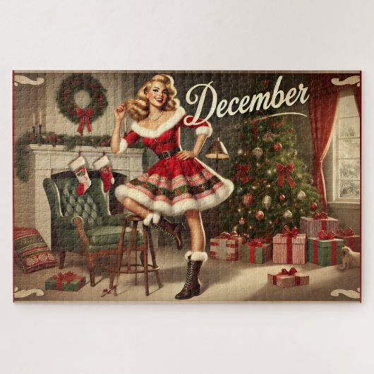 December Retro Christmas Blonde Pin-Up Girl Jigsaw ジグソーパズル (横)