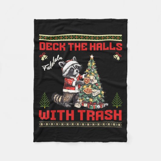 Deck The Halls With Trash Raccoon Ugly Christmas S フリースブランケット (正面)