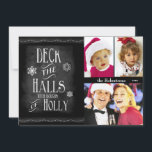Deck the Holes Chalkboardフォトクリスマス シーズンカード<br><div class="desc">おもしろい、トレンディーのChalkboardクリスマステーマは、ホリーの枝でホールをデッキすると言う。このホリモダンデーフラットカードは、アップロードした写真のための3つのフォトエリアを用意している。個人カスタマイズtouchの名前と日付文字。カードバックはシャルボードスタイルクリスマスツリーと文字ことわざメリークリスマスが持っているが、文字は削除または変更することができる。</div>