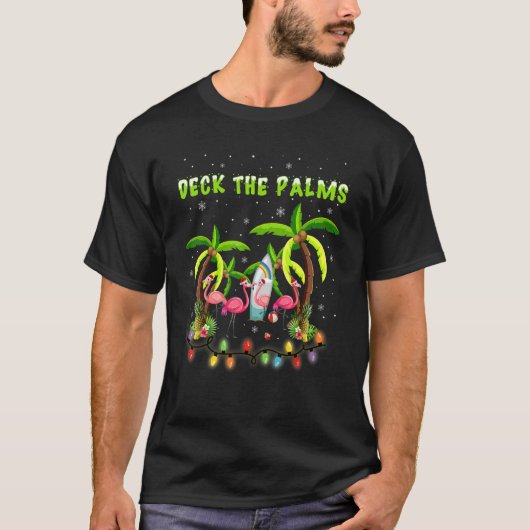 Deck the Palm メリー Flamingo Christmas Tシャツ (正面)