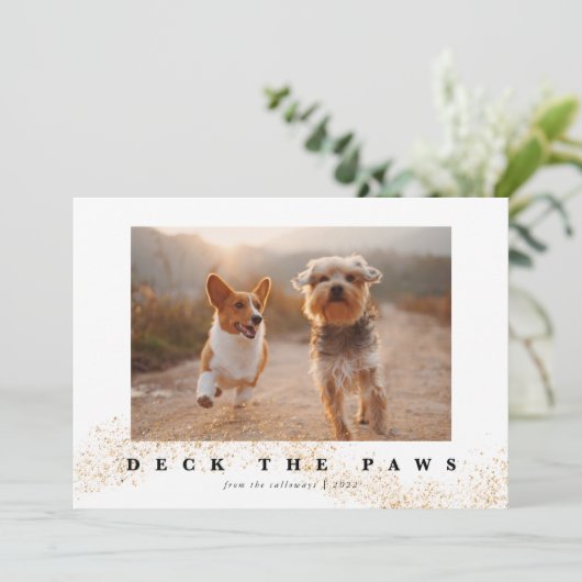Deck The Pawsかわいいペットの写真クリスマス シーズンカード (スタンド正面)
