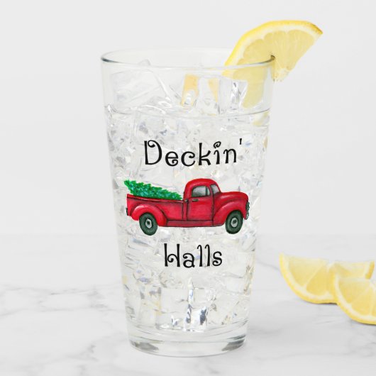 Deckinホール赤いクリスマスのトラックの飲むガラス タンブラーグラス (アイス裏面)