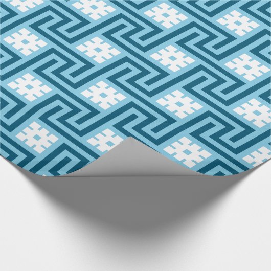 Decoのギリシャ人の鍵、スカイブルーおよび海軍 ラッピングペーパー (角)