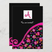 DECO モノグラム, 黒, ピンク紫 白 招待状 (正面/裏面)