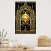 Deco Celestial Sun Portal Poster | Gold Teal Cathe ポスター (キッチン)