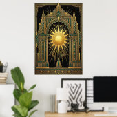 Deco Celestial Sun Portal Poster | Gold Teal Cathe ポスター (ホームオフィス)