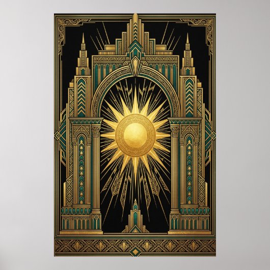 Deco Celestial Sun Portal Poster | Gold Teal Cathe ポスター (正面)